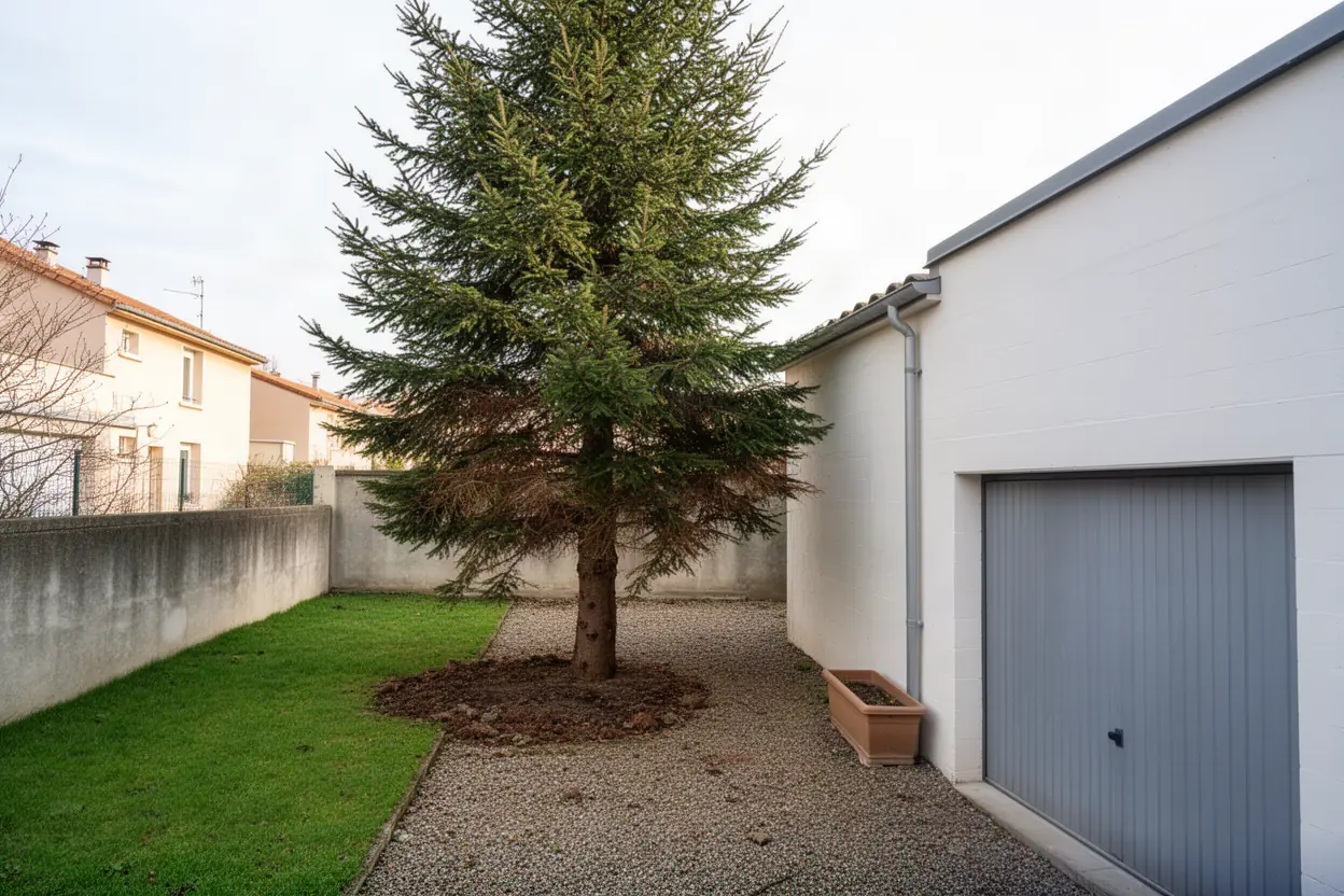 Épicéa dépérissant près du garage à Roche-la-Molière