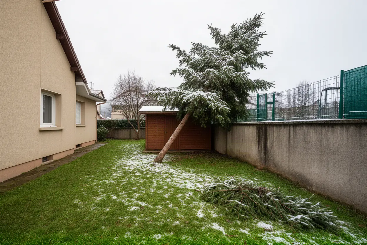 Épicéa penché après neige à La Ricamarie