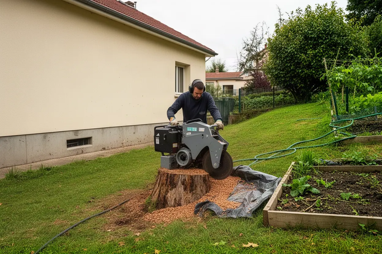 Rognage d'une souche dans un jardin à Saint-Chamond