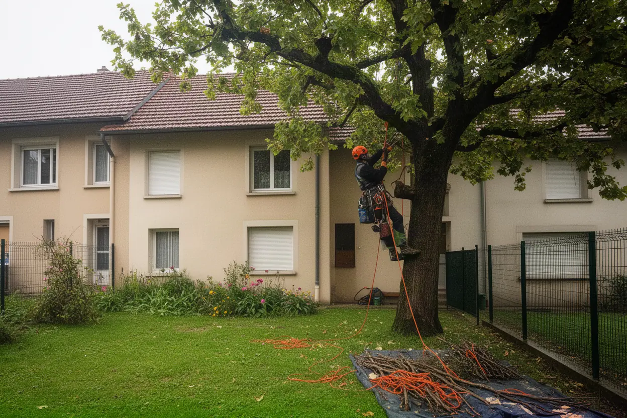 Arboriste taillant un grand arbre à Saint-Chamond